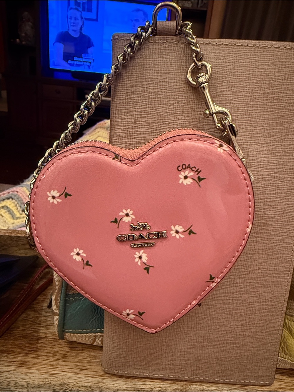 NWOT Coach Pink Heart-Shaped Floral Mini Coin Pouch with Chain